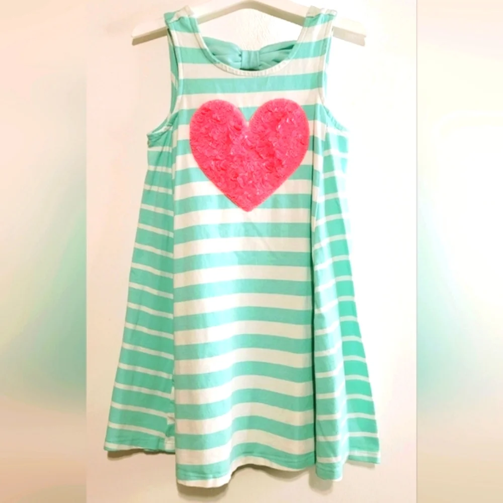 Tommy Bahama Mint Green Striped Dress with Pink Heart Sequins Accent Size S 5/6 - Picture 1 of 10